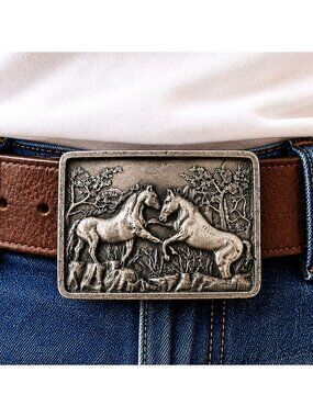 Vintage 1978 Indiana Metal Craft Pewter Belt Buckle With Horses Design